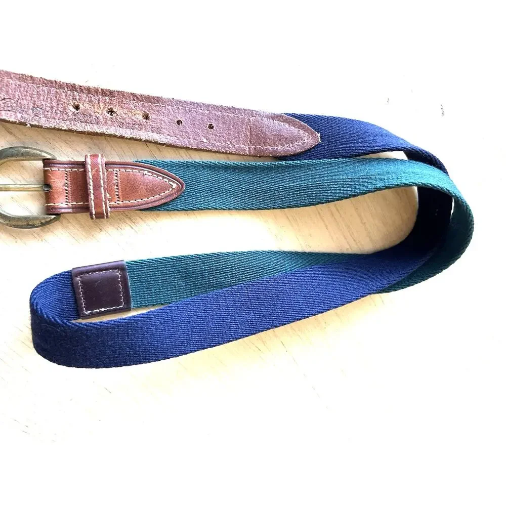 2* VTG Golf Belt Men 42/44 Burgundy Blue Stripe Canvas Brown Leather Colours R
